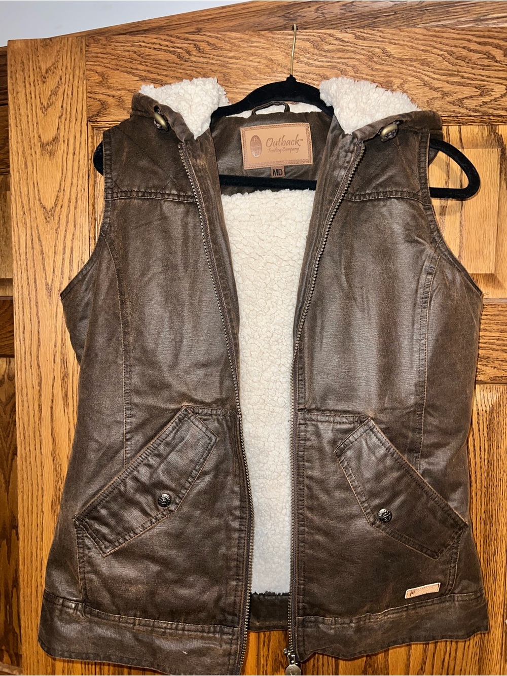 Outback Brown Faux-Leather Sherpa Hooded Vest